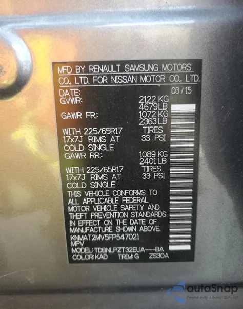 2015 Nissan Rogue S z USA, uszkodzony, nr VIN KNMAT2MV5FP547021